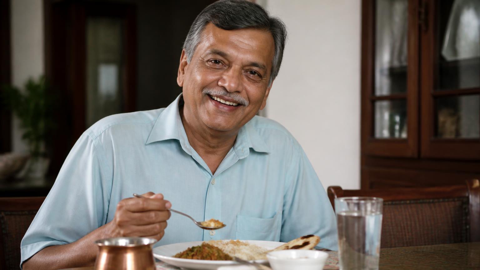 Adult patient smiling and eating comfortably after a tooth replacement