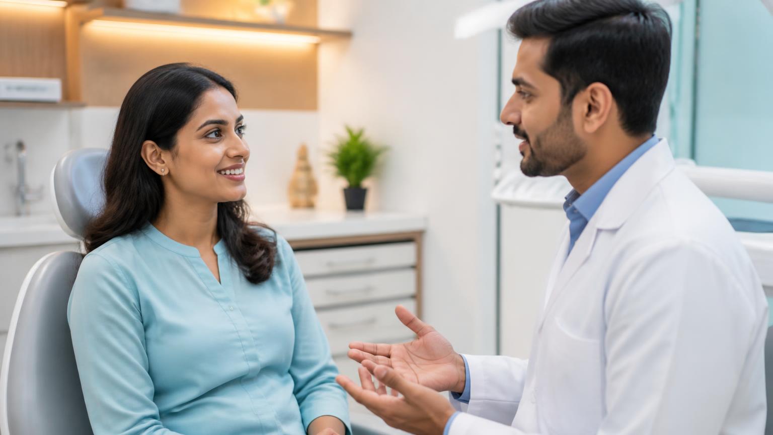Dentist explaining aftercare to a calm, reassured patient