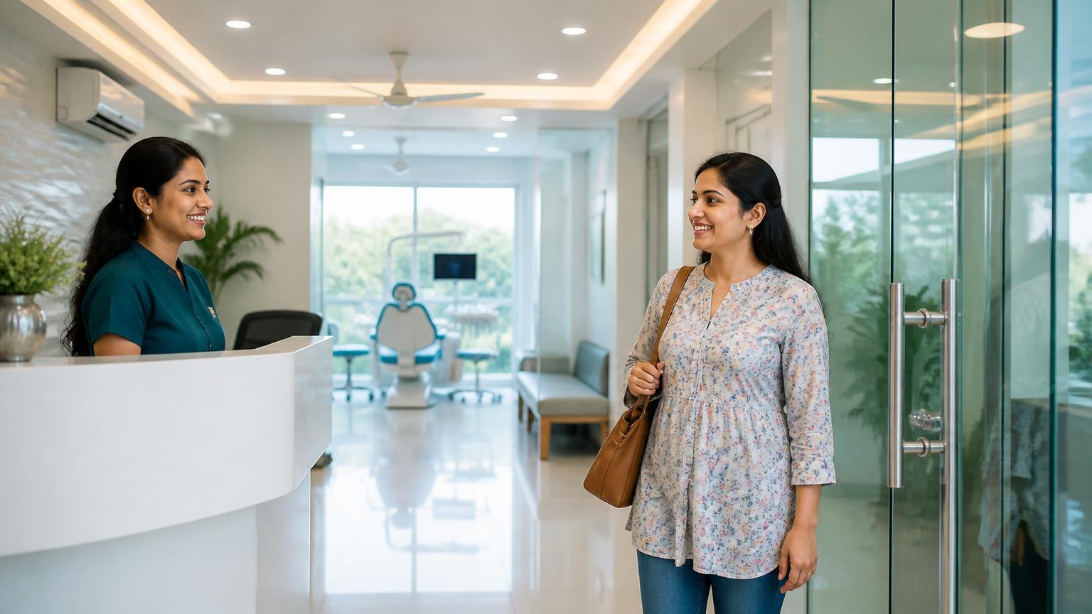 Patient arriving at a modern dental clinic reception for a consultation
