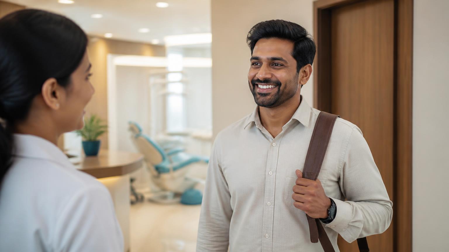 Patient leaving a modern dental clinic feeling reassured after a consultation