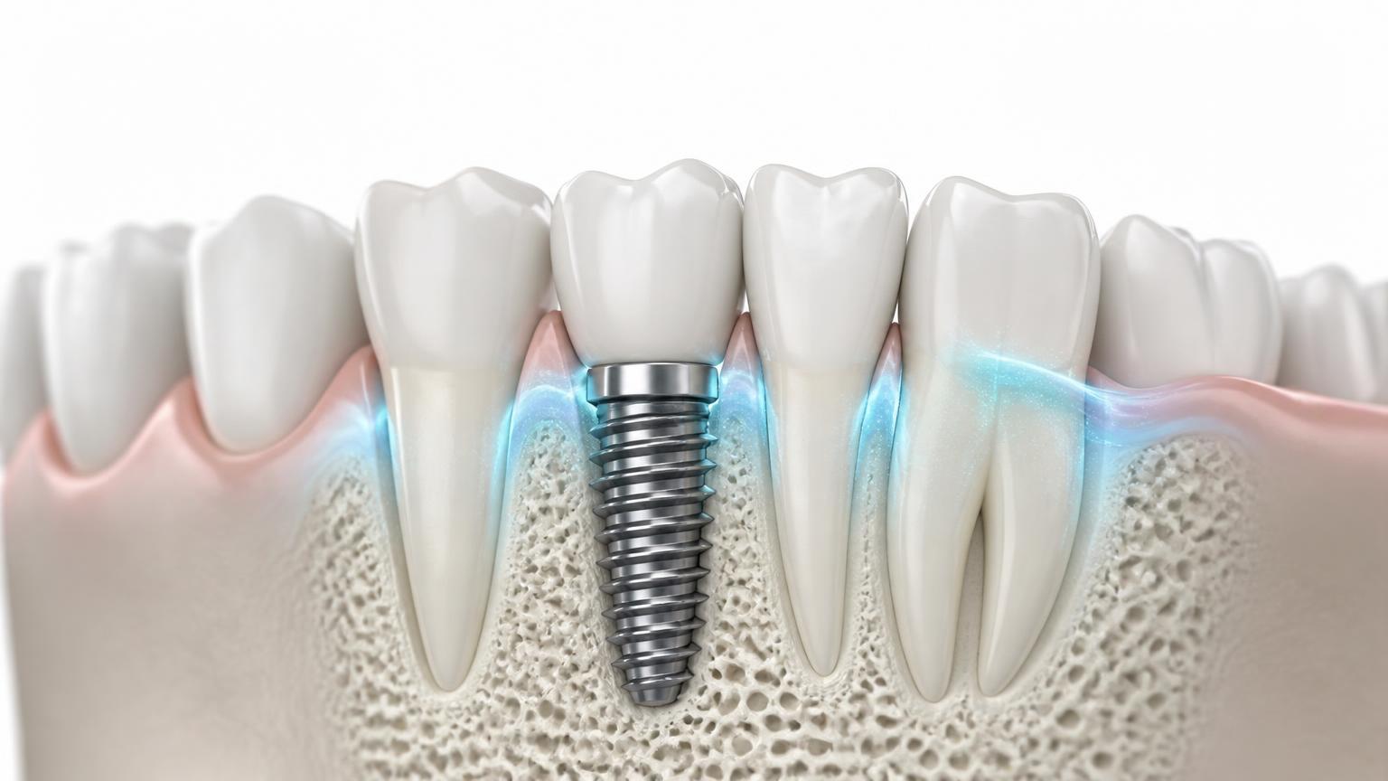 Illustration of a dental implant healing and becoming stable within healthy jawbone