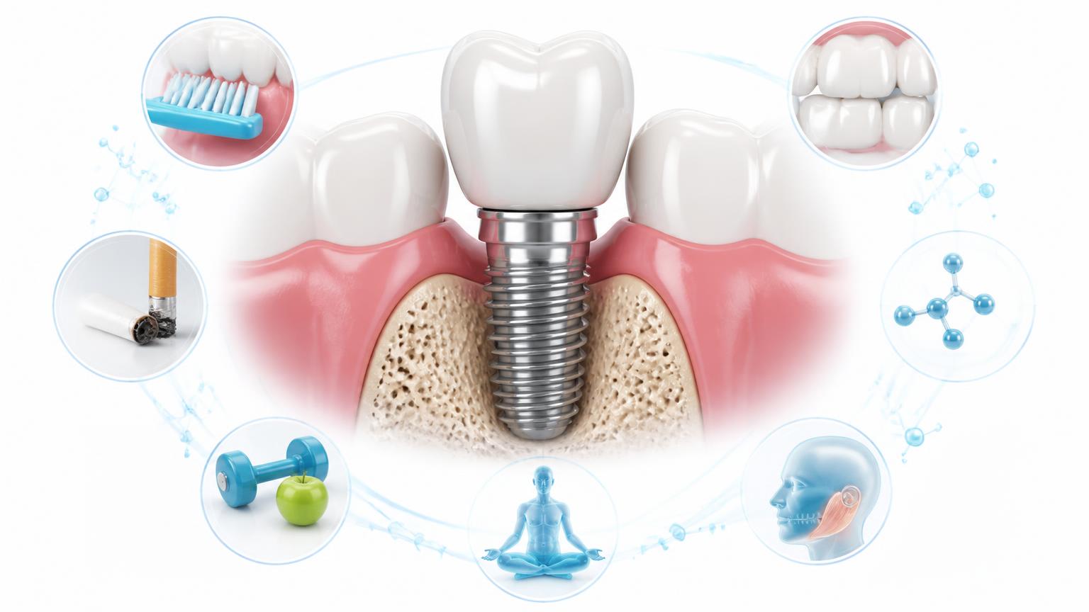 Illustration of factors that can affect dental implant treatment and healing