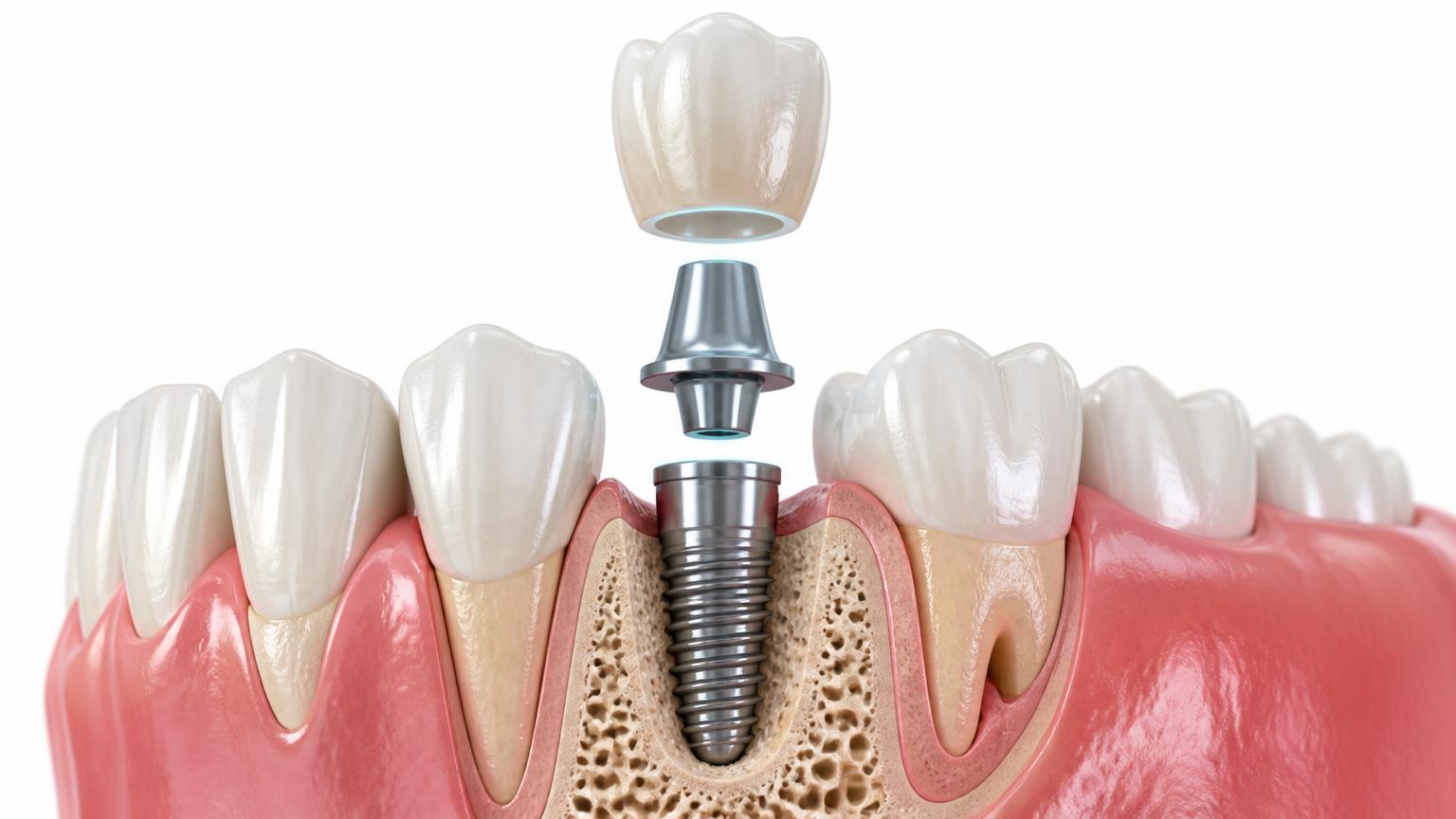 Illustration showing the three parts of a dental implant: the implant in the jawbone, the abutment and the crown