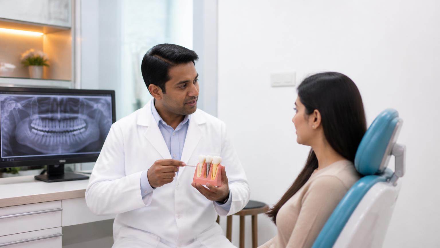 Dentist discussing a patient's suitability for dental implant treatment using a dental model