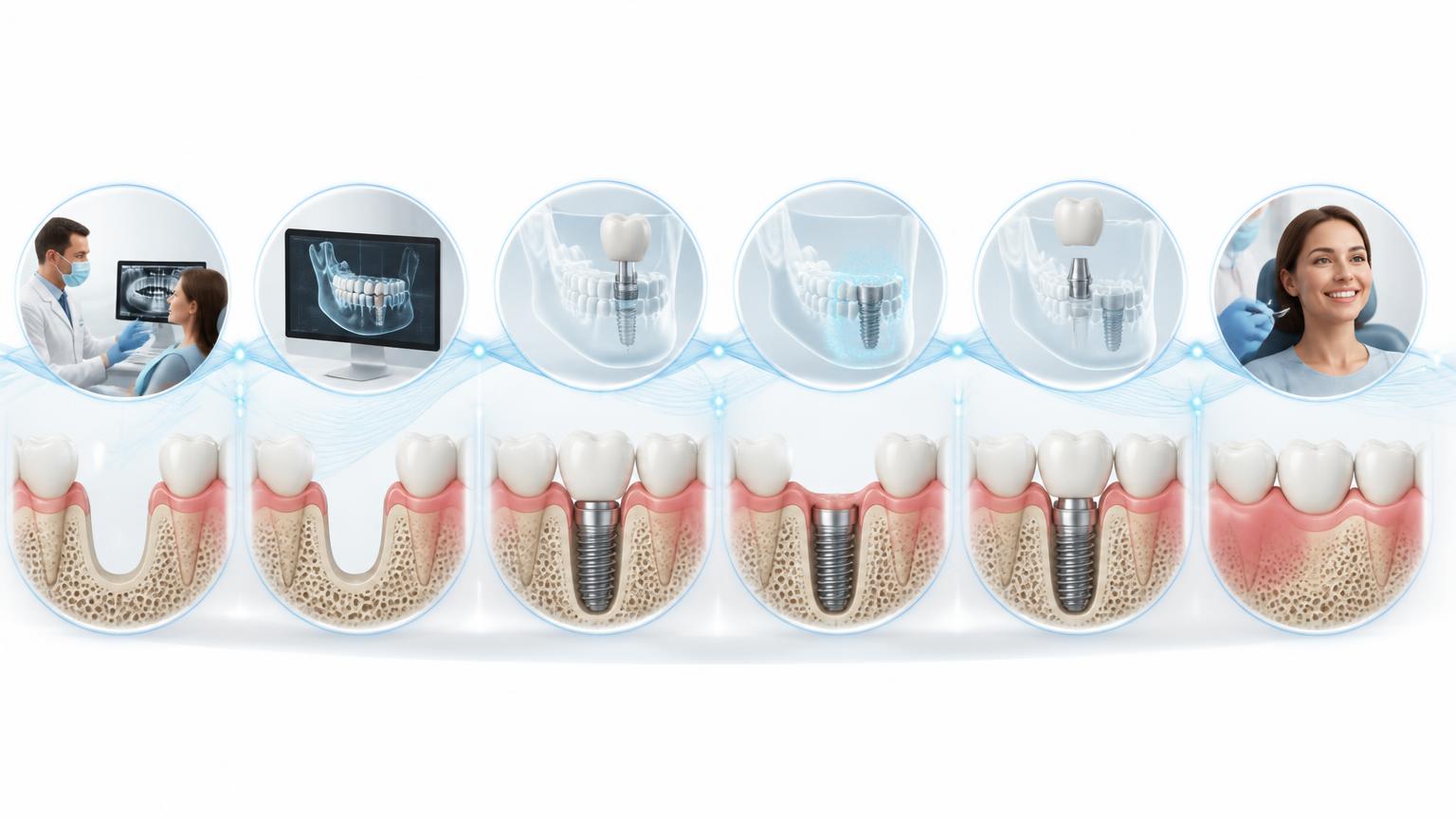 Illustration of the dental implant treatment journey from consultation through healing to the final replacement tooth