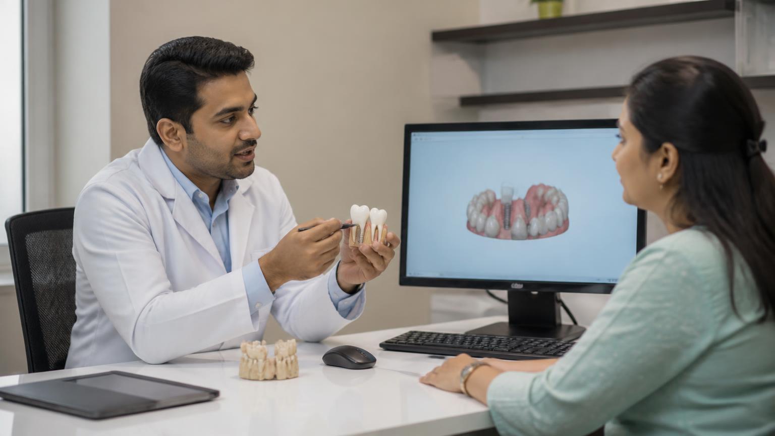 Dentist planning dental implant treatment with a patient using a digital dental scan
