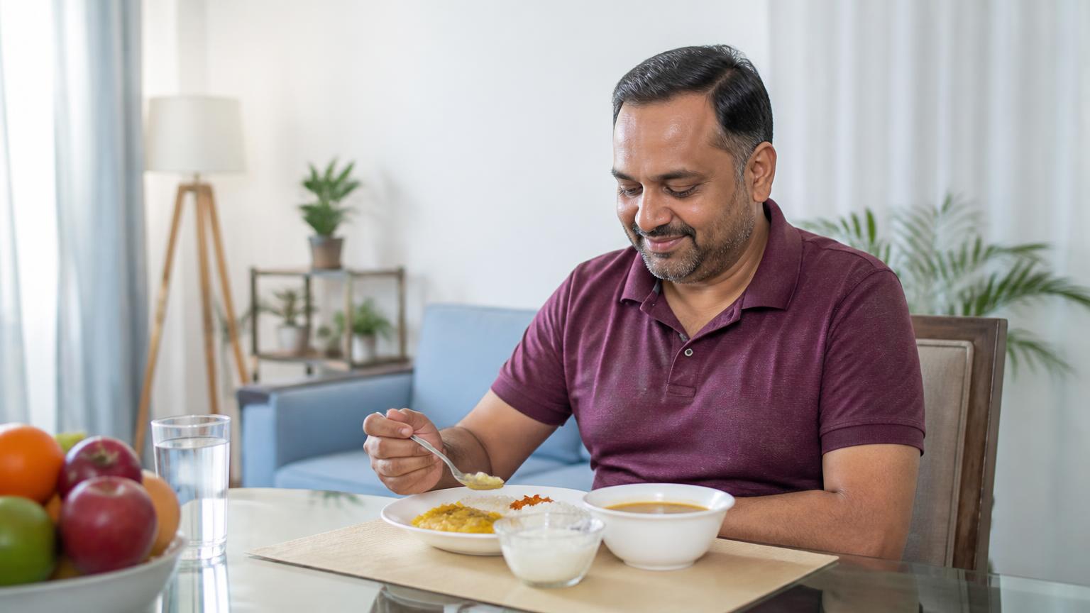 Adult eating a simple soft meal at a clean modern home table after a dental procedure