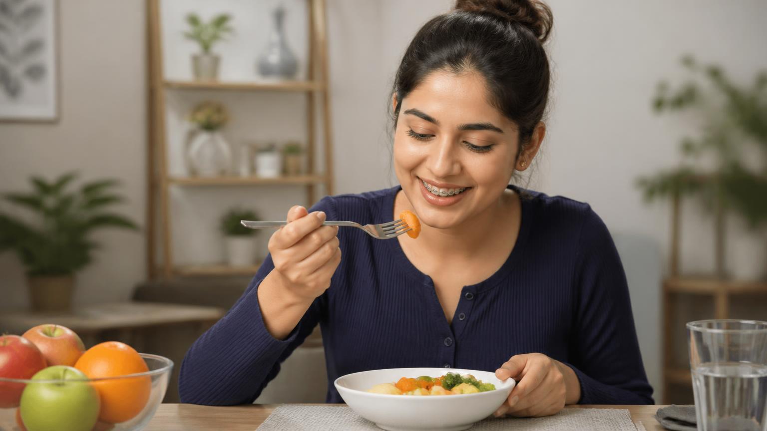 Patient with braces eating a healthy everyday meal