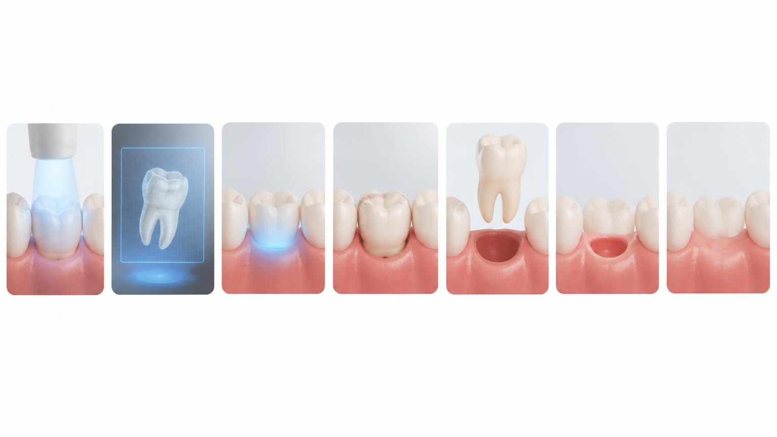 Medical illustration of the stages of a tooth extraction from examination through healing