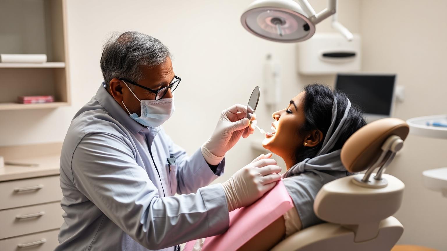 Adult patient attending a gum health check-up while the dentist explains the findings
