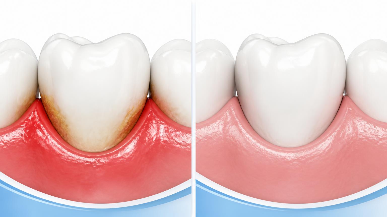 Illustration comparing inflamed gum tissue with healthier gum tissue after professional care