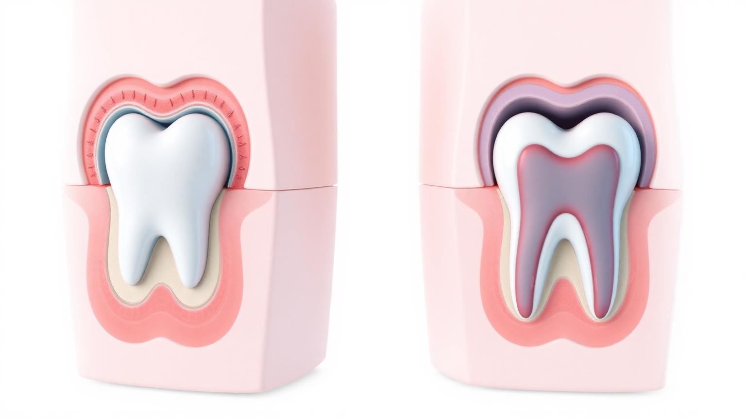 Cross-section illustration comparing a shallow healthy space between gum and tooth with a deeper gum pocket