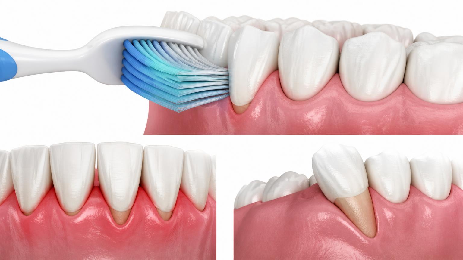 Illustration of gum recession causes including heavy brushing pressure, gum inflammation and a tooth outside the arch