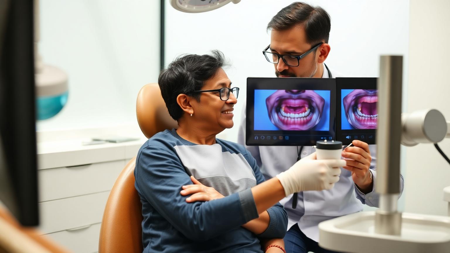 Patient having a reassuring gum health consultation while the dentist explains next steps