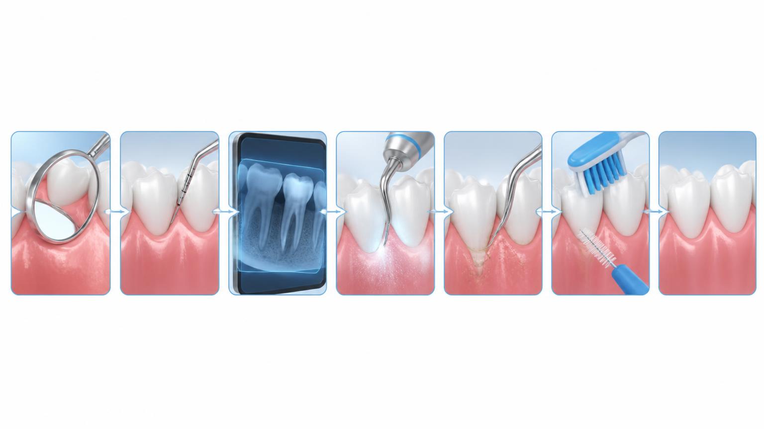 Illustrated sequence of gum treatment from examination and imaging through cleaning, hygiene guidance and review