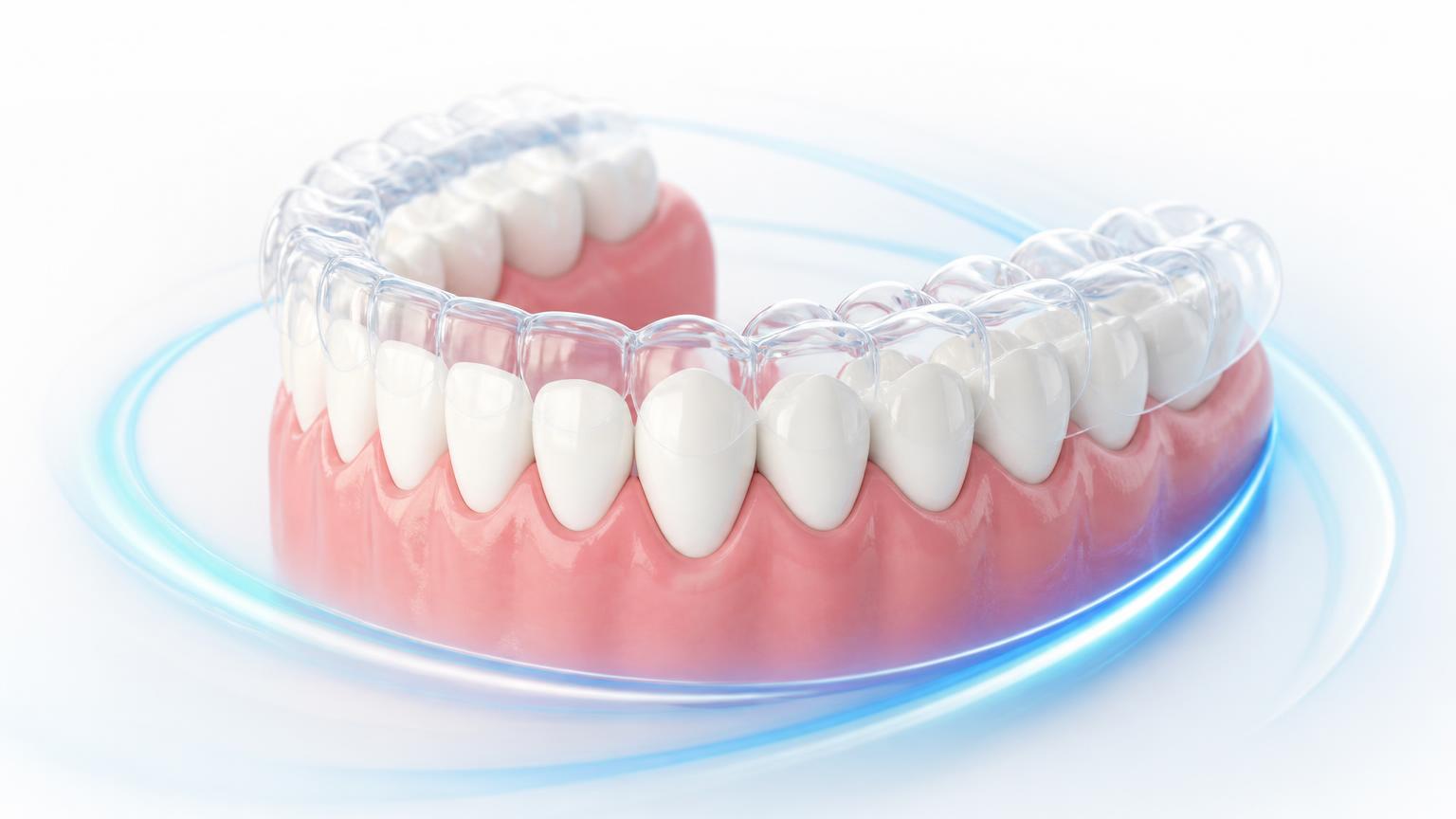 Dental illustration of healthy teeth and gums with a clear aligner fitted over them