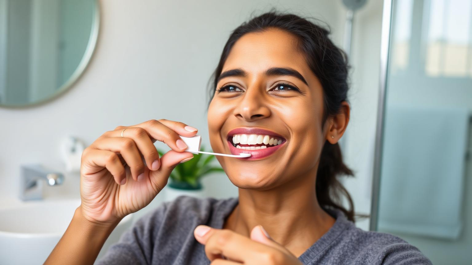 Adult using a dentist-guided teeth whitening system at home in a clean modern bathroom