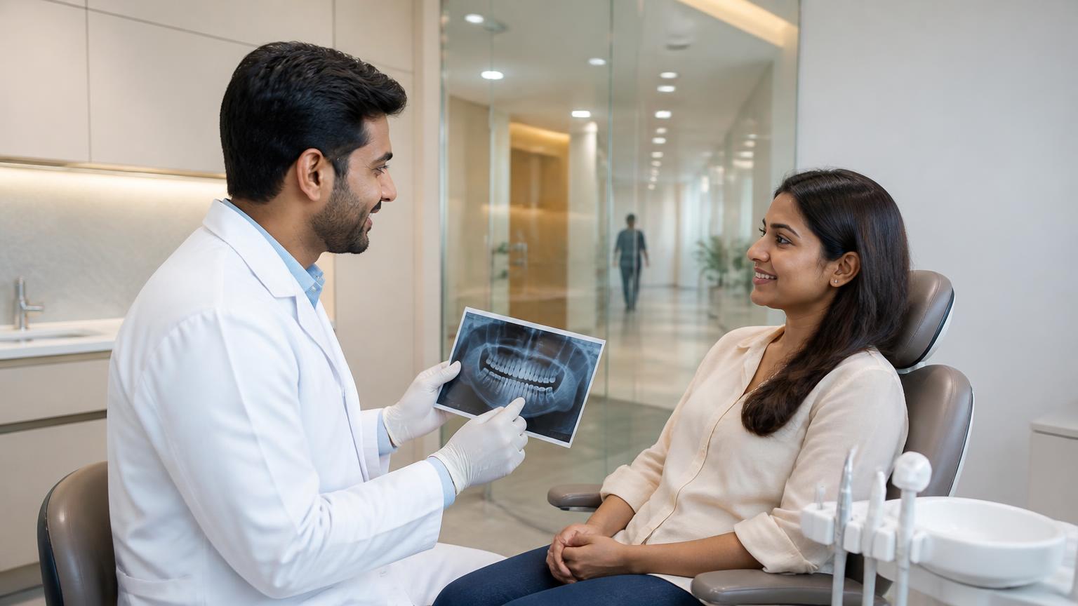 Dentist discussing a complex extraction plan with a patient in a hospital-linked dental clinic