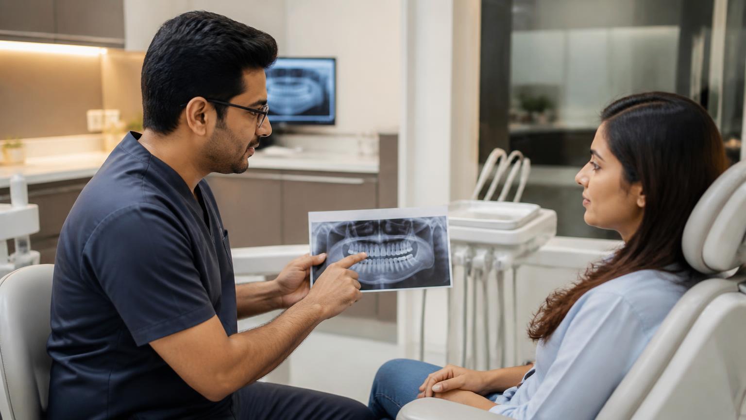 Dentist discussing a wisdom tooth treatment plan with a patient in a hospital-linked dental clinic