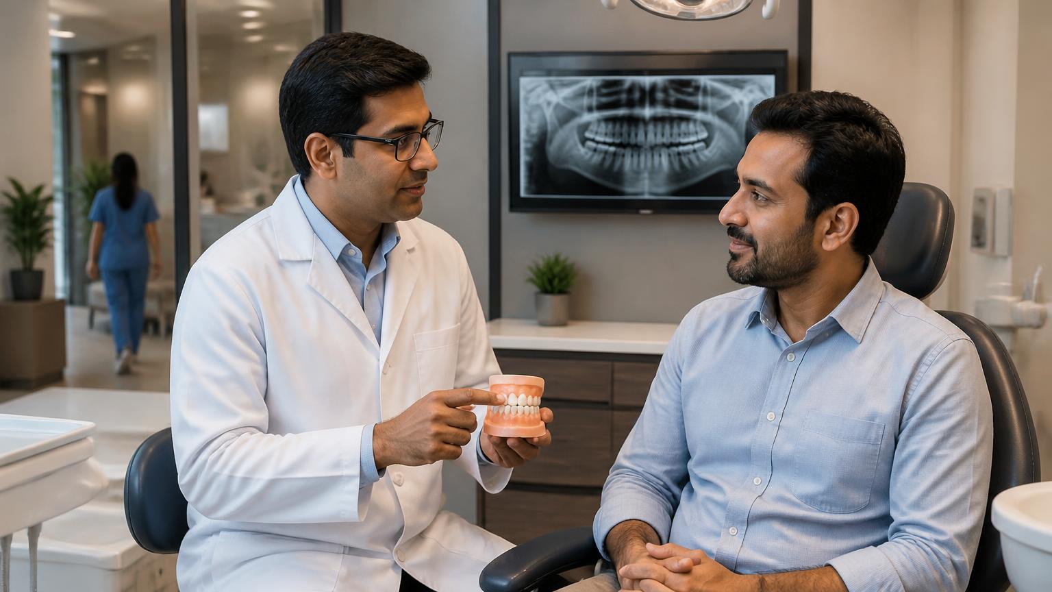 Dentist discussing a treatment plan with a patient in a modern hospital-backed dental clinic