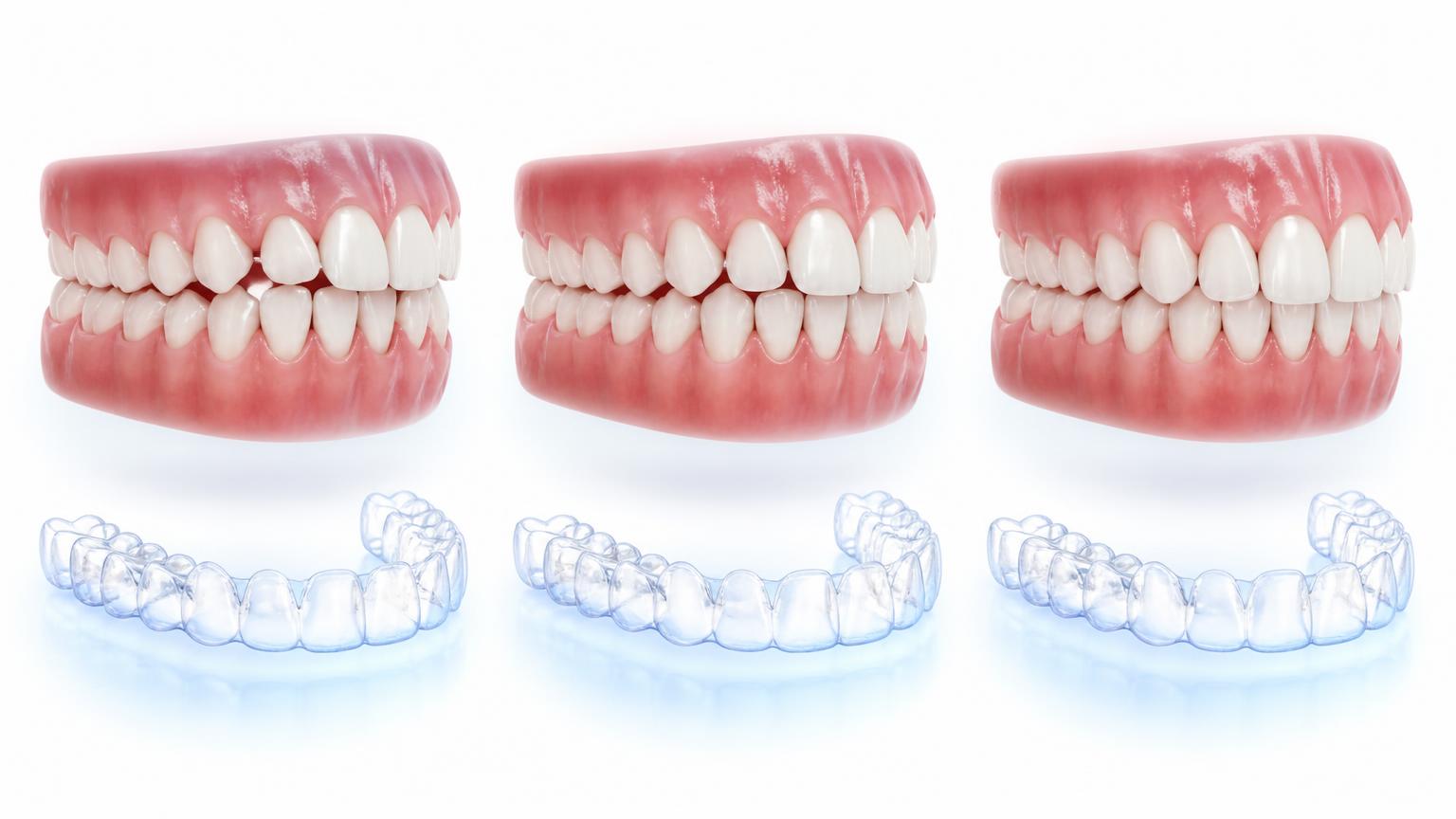 Three-stage dental illustration of gradual tooth movement with clear aligners