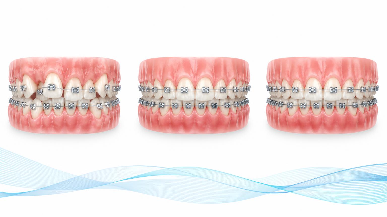Three-stage dental illustration of gradual tooth movement with fixed braces