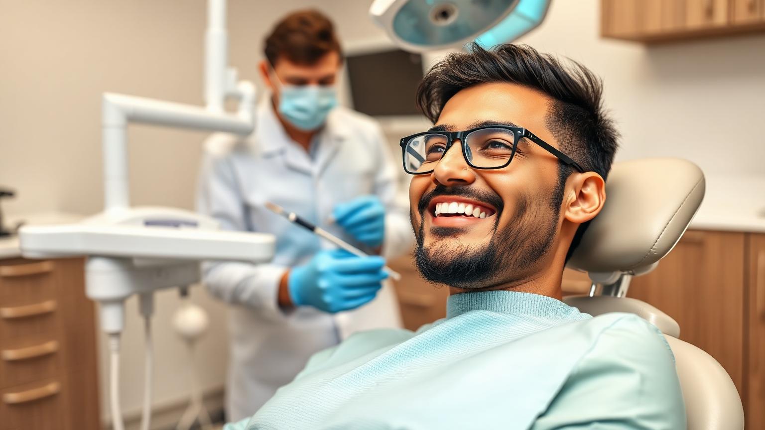 Adult patient seated comfortably in a modern dental chair while a dental professional supervises whitening treatment