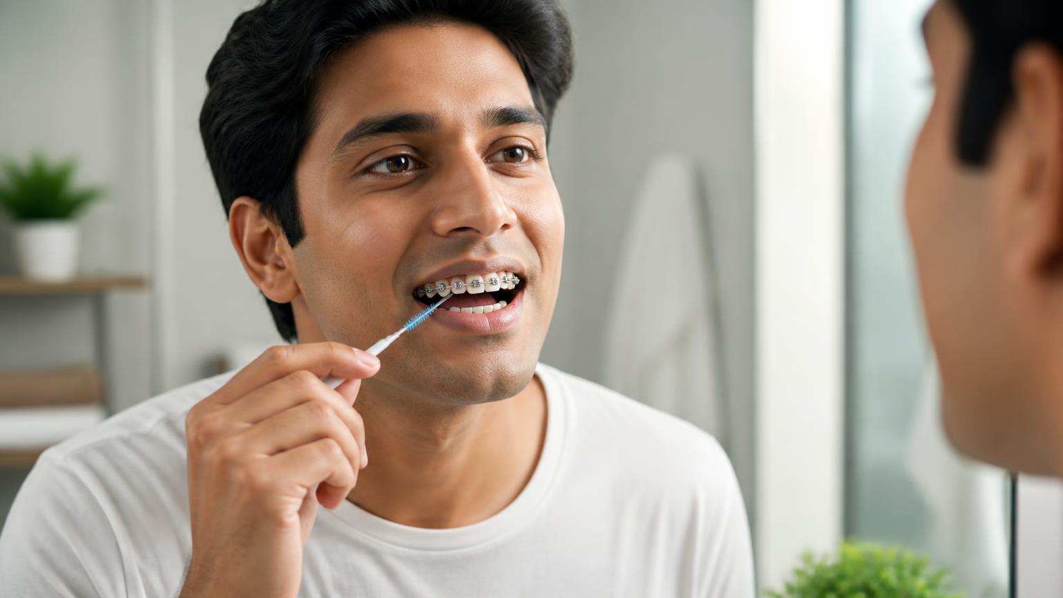 Adult using an interdental brush to clean around orthodontic brackets
