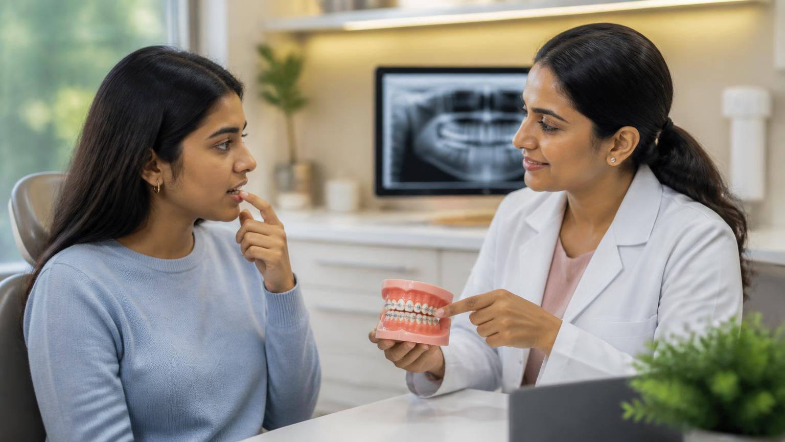 Patient discussing a loose braces bracket with an orthodontist