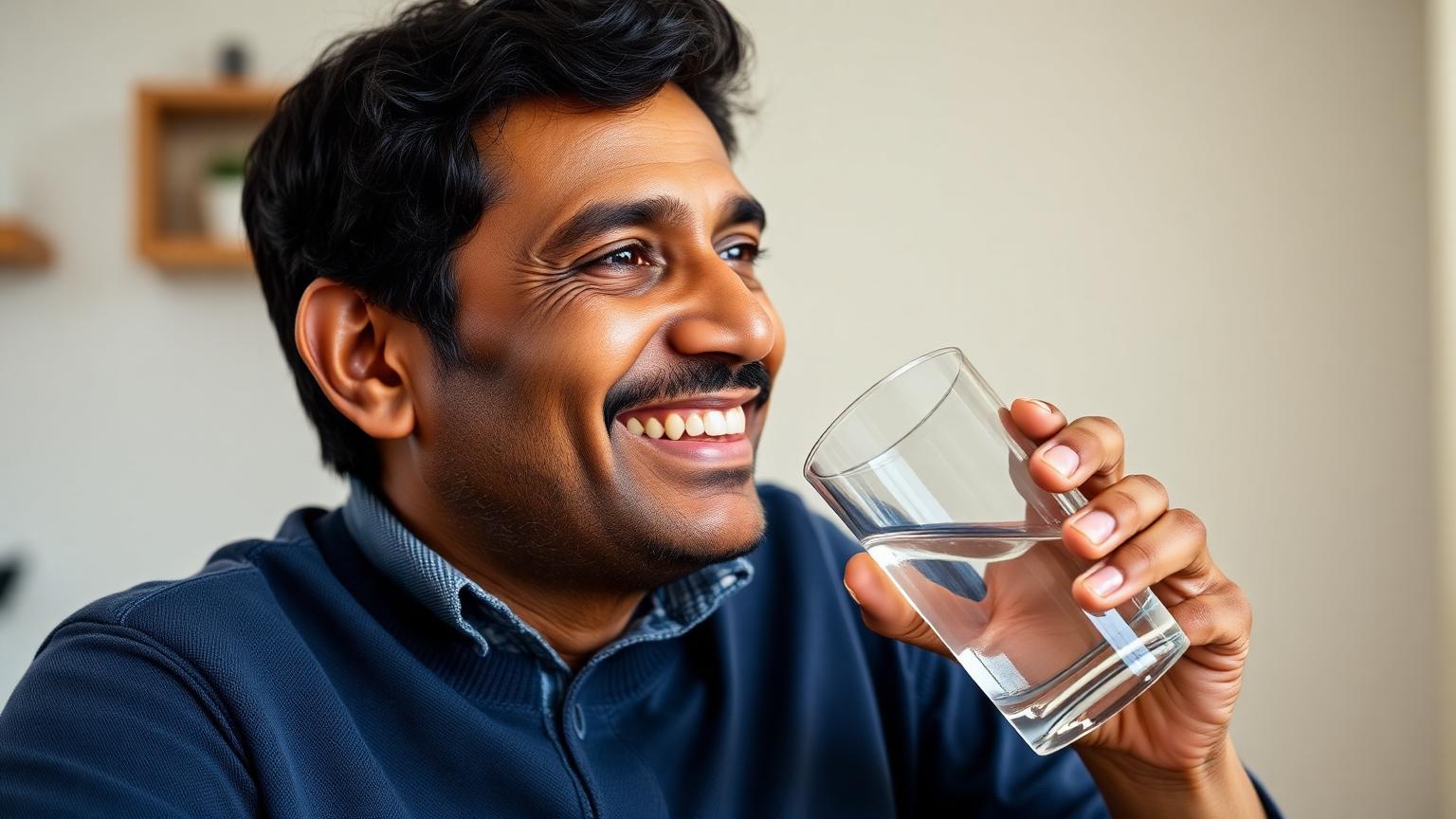 Adult with a natural confident smile drinking a glass of water in everyday life