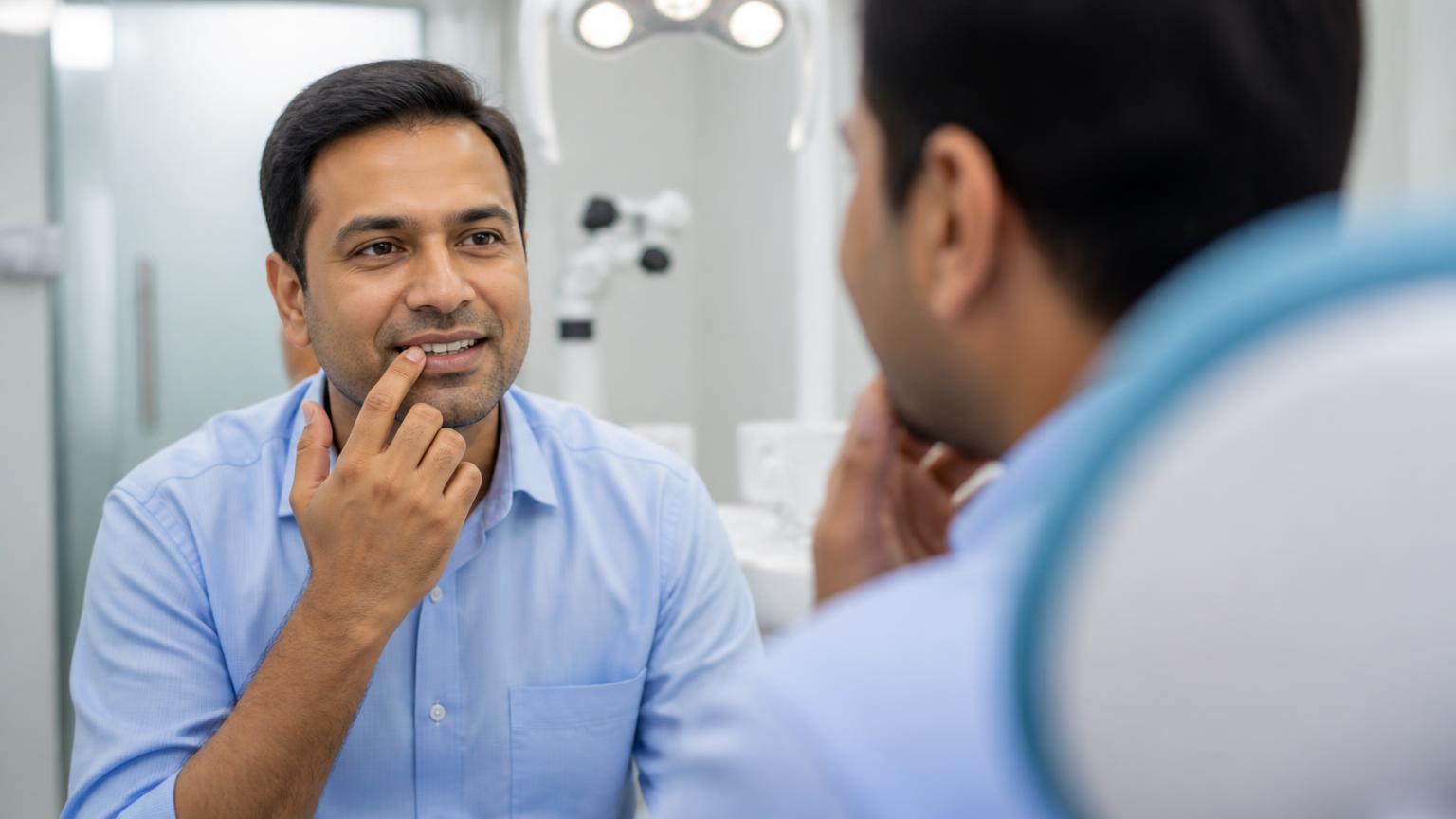 Adult patient in a dental clinic considering treatment for a missing tooth