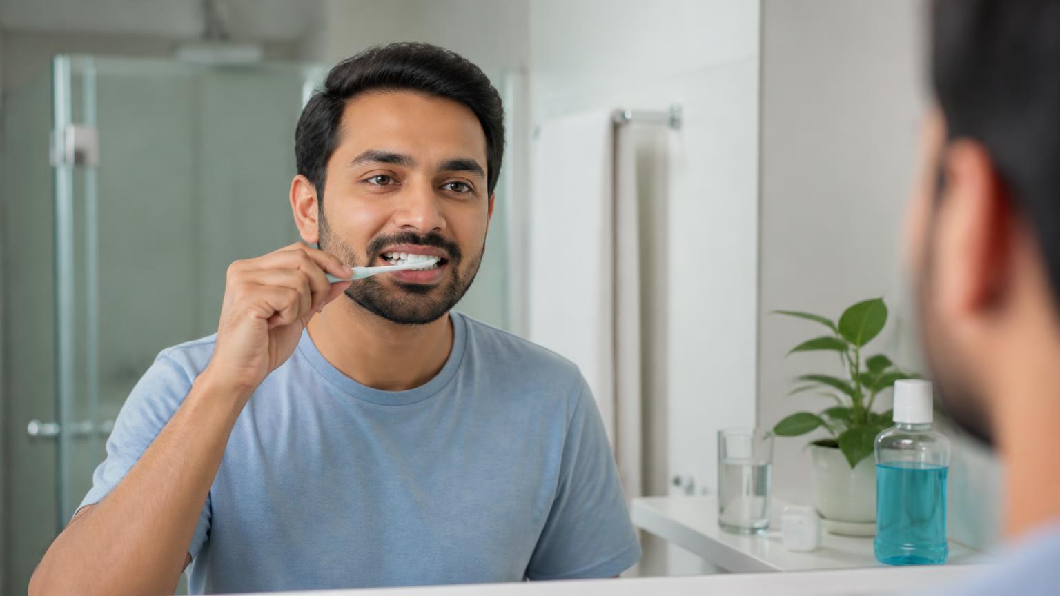 Adult brushing carefully in a modern bathroom after wisdom tooth removal