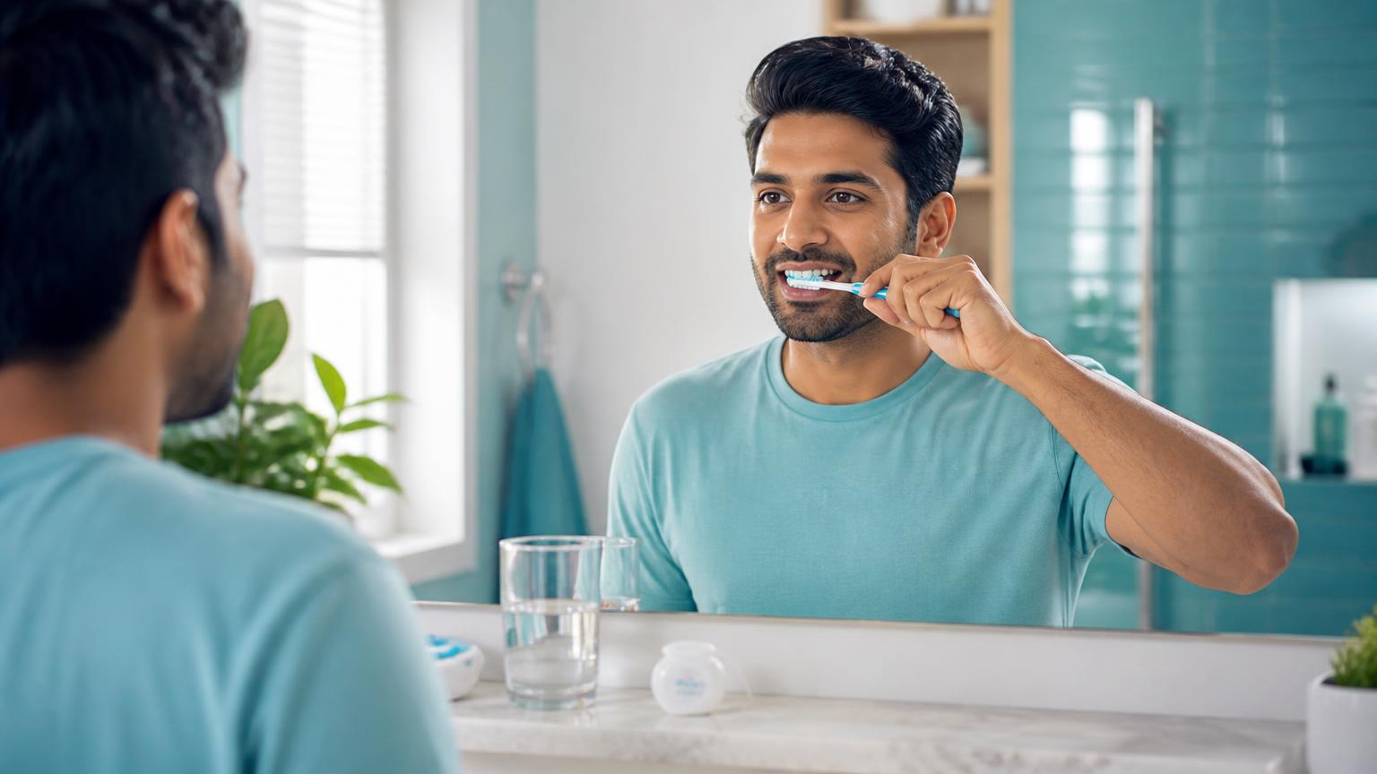 Adult brushing teeth as part of a healthy daily oral care routine in a clean modern bathroom