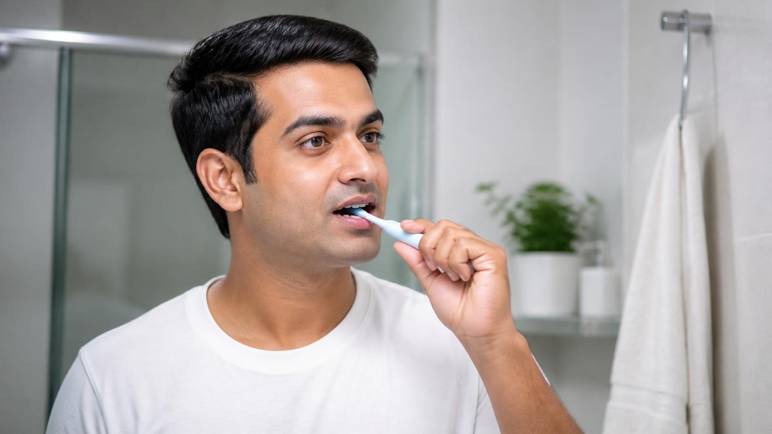 Adult brushing teeth gently in a clean bathroom while protecting a healing area