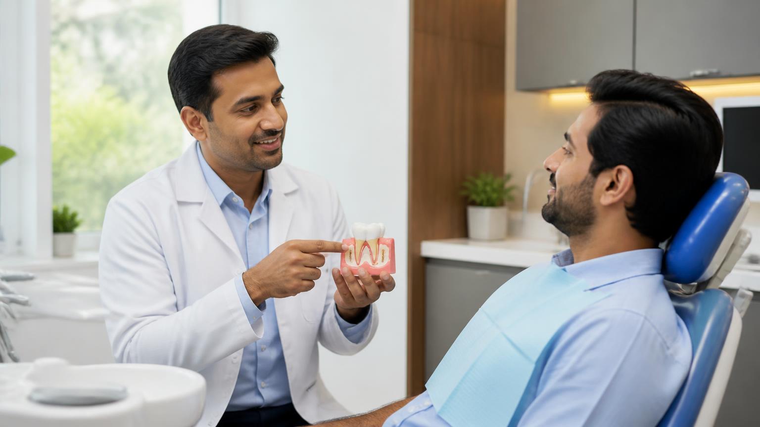 Dentist explaining anaesthesia and recovery to a relaxed adult patient before wisdom tooth removal