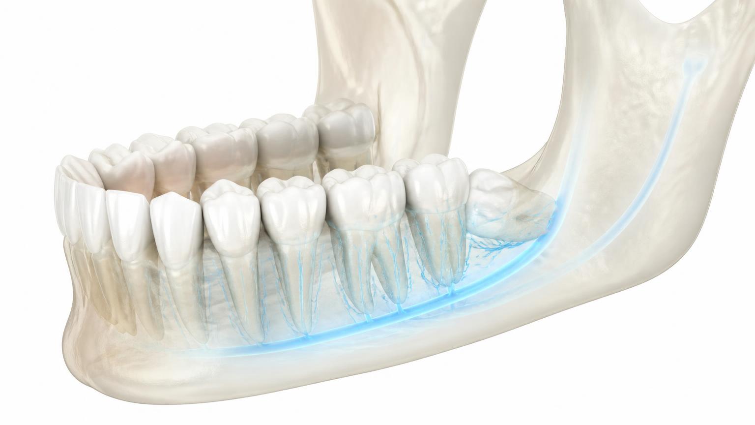 Medical illustration of a lower jaw with the wisdom tooth area and nearby nerve canal highlighted