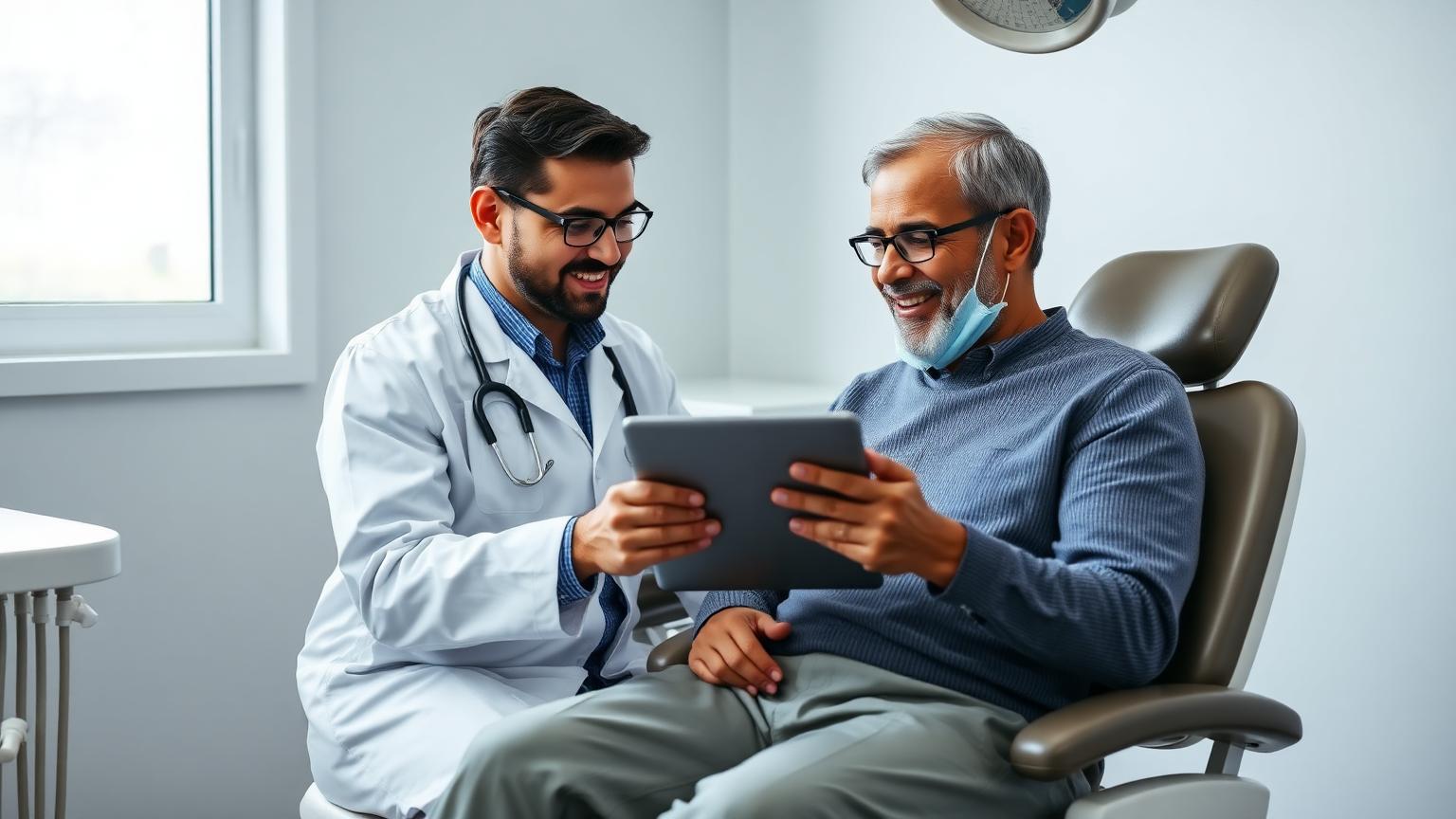 Dentist reviewing dental notes with a comfortable adult patient during a routine check-up