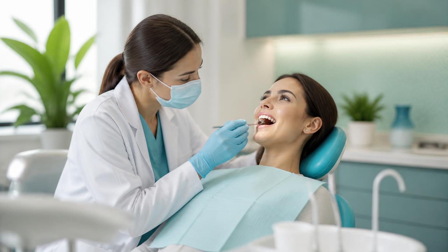 Dentist checking an adult patient's teeth and gums during an examination before whitening