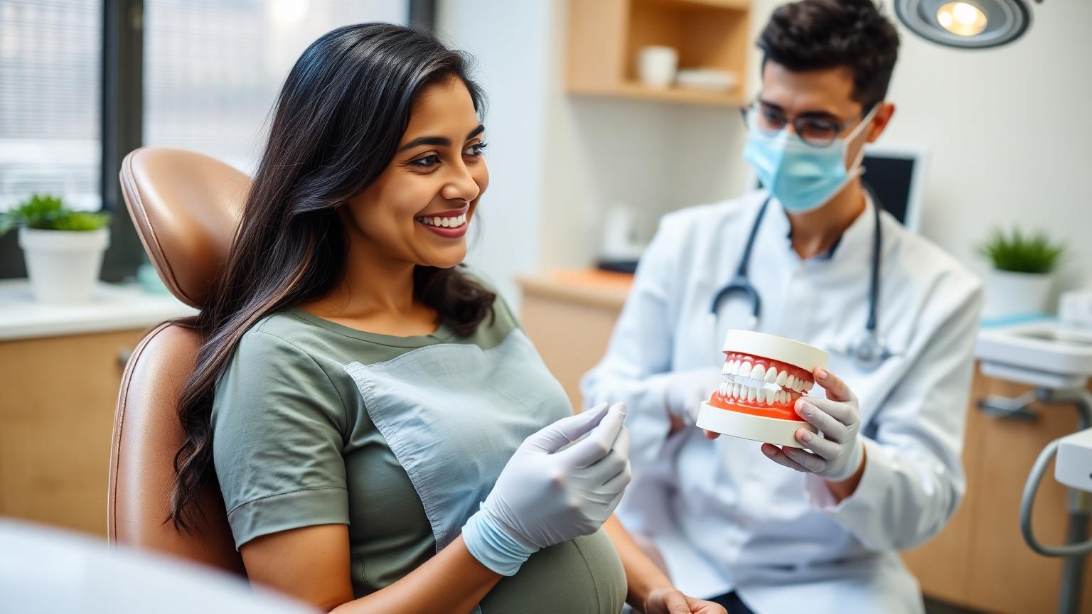 Expectant patient having a gentle preventive dental consultation about gum health