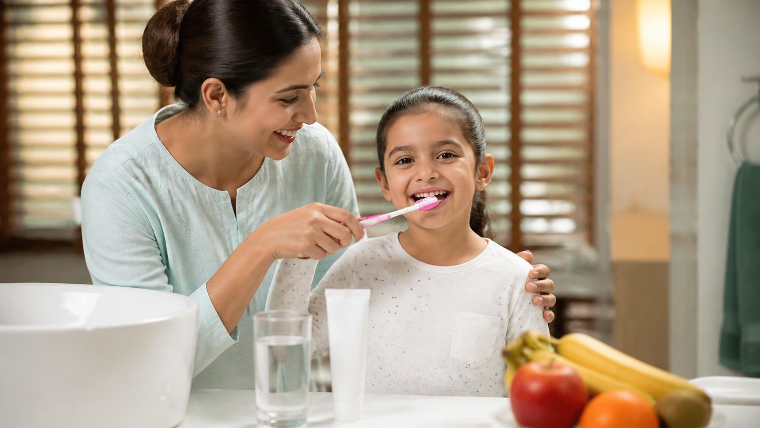 Parent helping a child follow a healthy daily oral-care routine at home