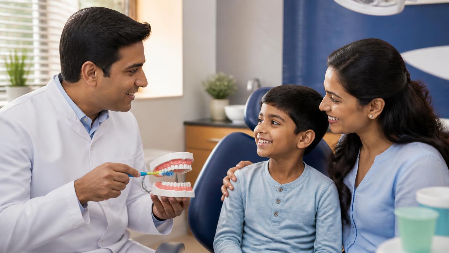 Dentist teaching a child and parent about preventive dental care with a dental model