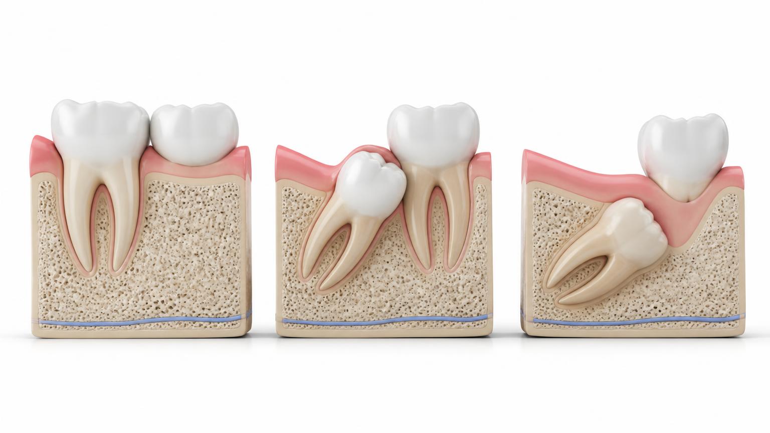 Dental illustration of an accessible tooth, a partially impacted tooth and a deeply positioned tooth