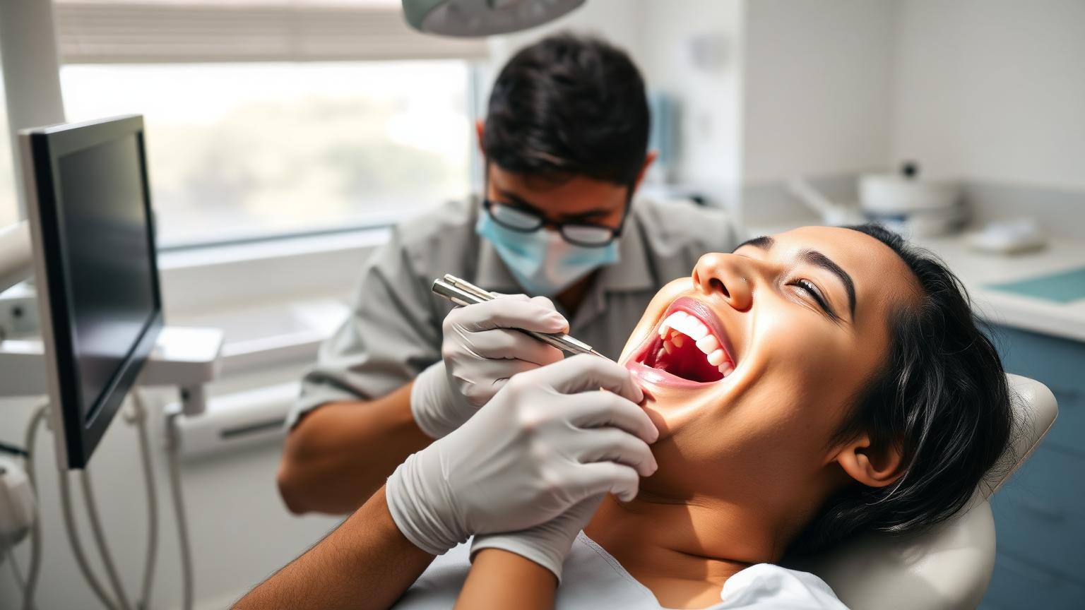 Dental professional carrying out a routine professional cleaning for a comfortably seated patient