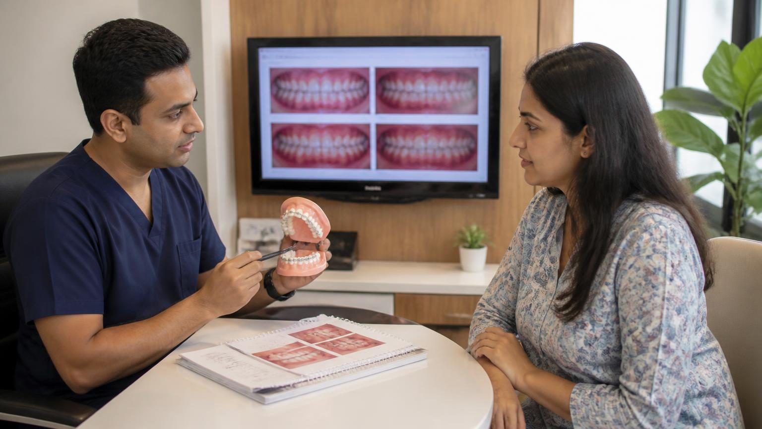 Orthodontist discussing expected treatment results with an adult patient