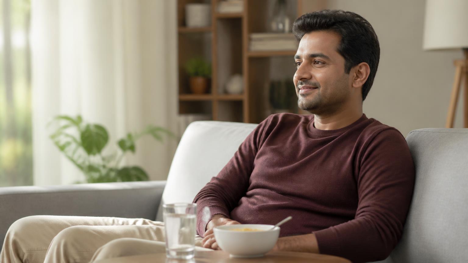 Adult resting comfortably at home with water and soft food after a dental procedure