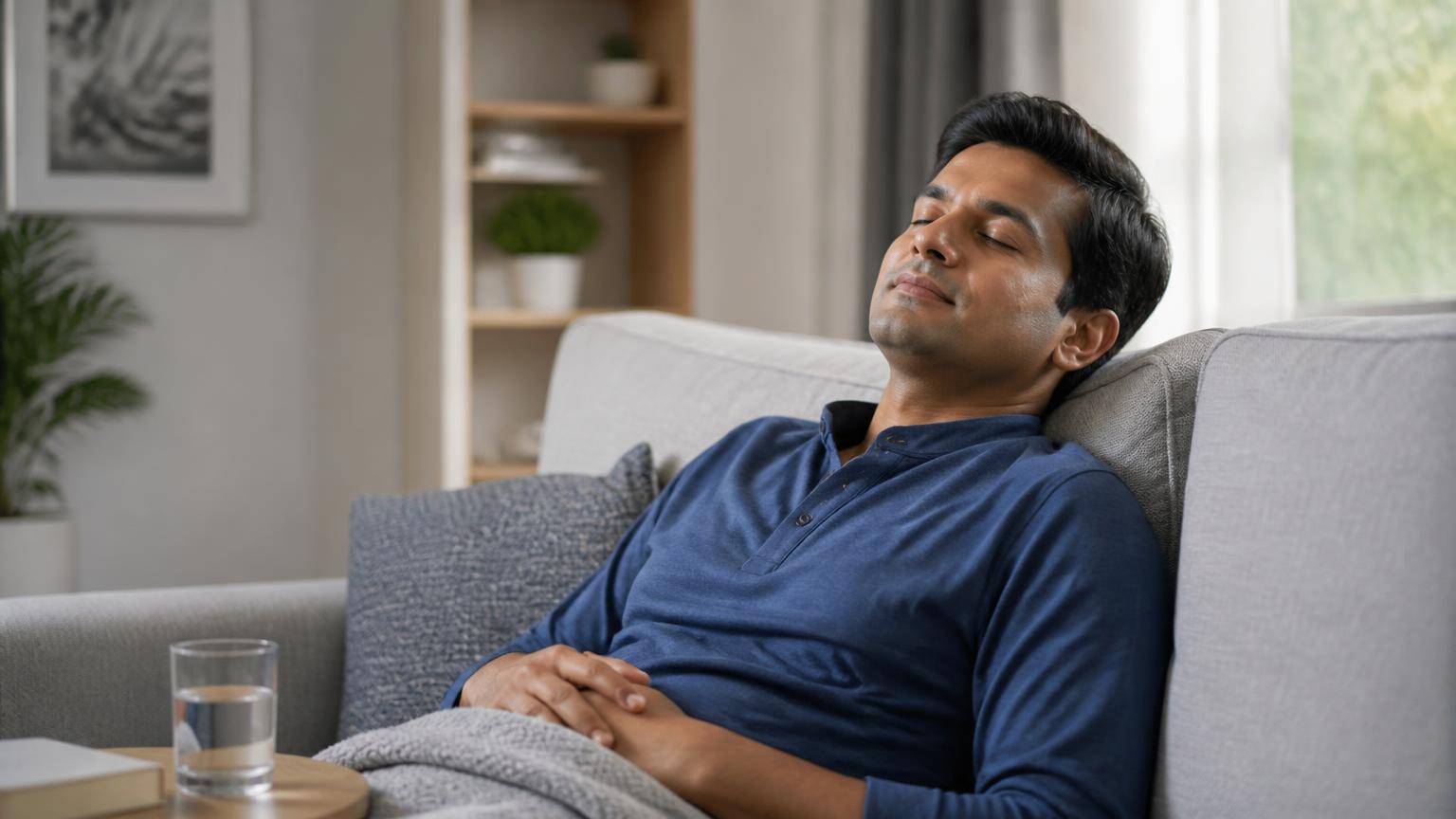 Adult resting comfortably at home with a glass of water after a dental procedure
