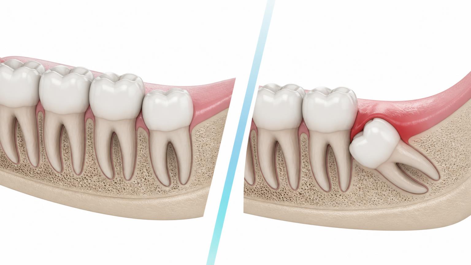 Dental illustration comparing a healthy wisdom tooth with a problematic angled wisdom tooth