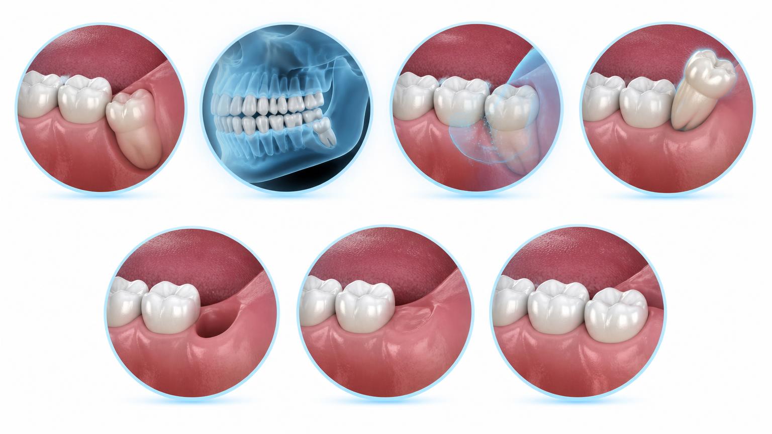 Medical illustration of the wisdom tooth removal journey from assessment through healing and follow-up