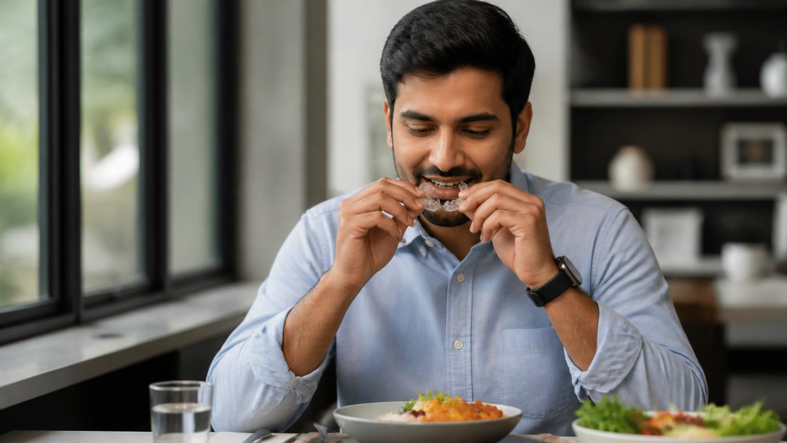 Adult carefully removing a clear aligner before a meal