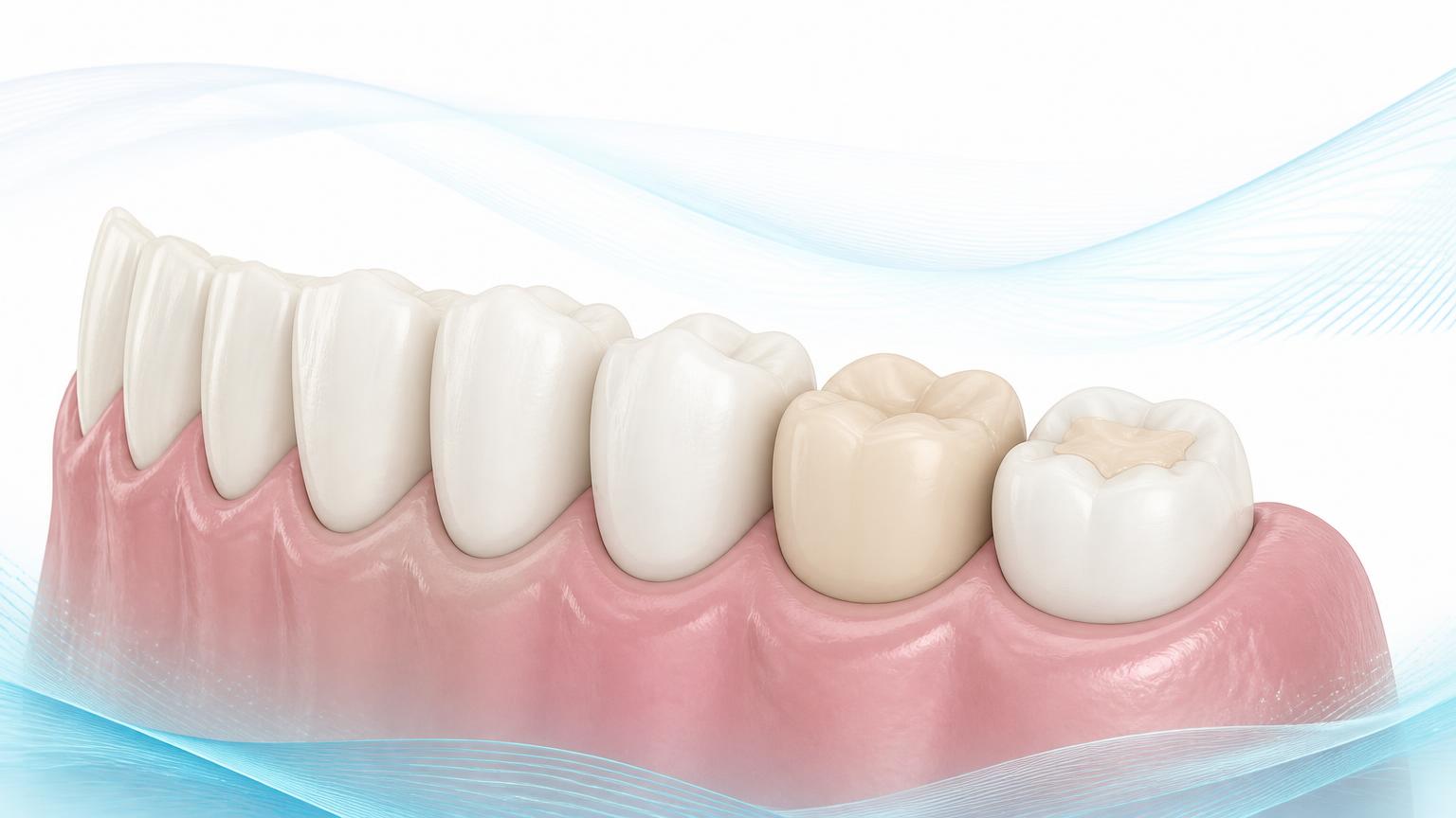 Illustration of natural teeth beside a dental crown and a filling, showing that restorations keep their original shade
